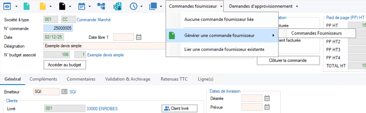 Commande client en commande fournisseur